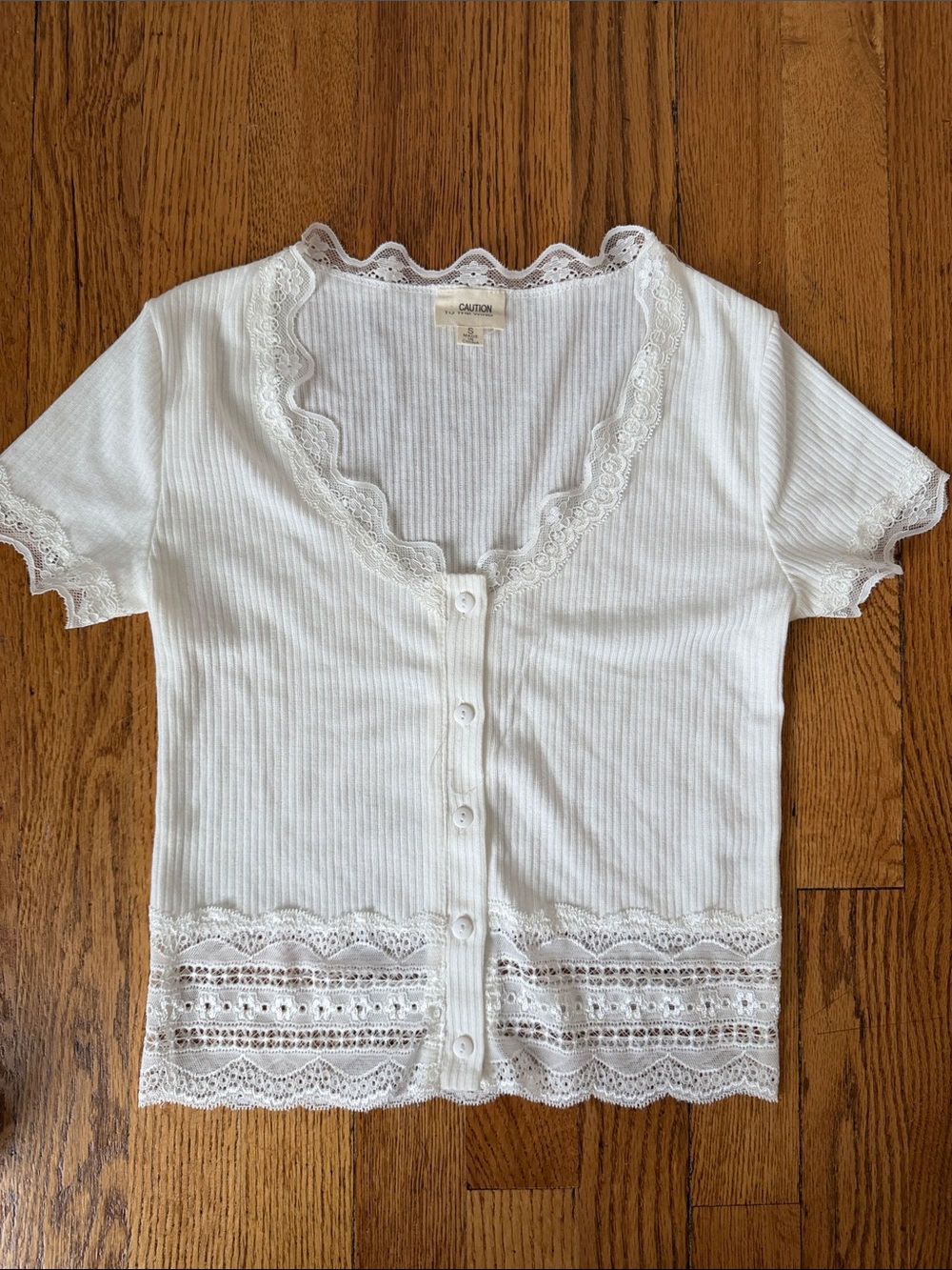 Caution To The Wind White Ribbed Lace-Trim Top